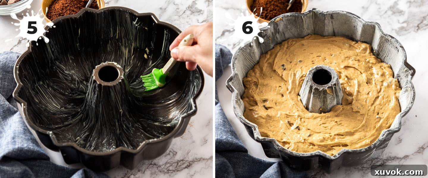 Rich coffee bundt cake batter carefully transferred into a well-greased bundt tin, ready for baking.