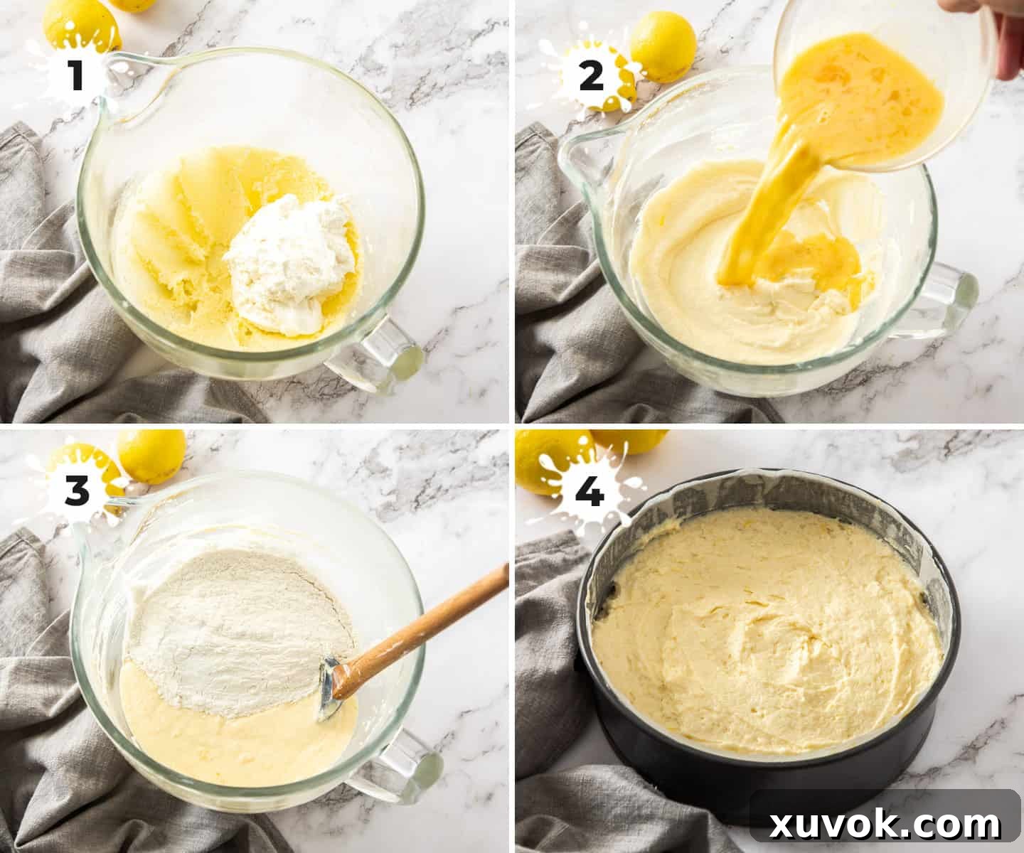 A four-image collage demonstrating the key steps to making lemon ricotta cake batter: creaming butter and sugar, adding ricotta, incorporating wet ingredients, and folding in dry ingredients.