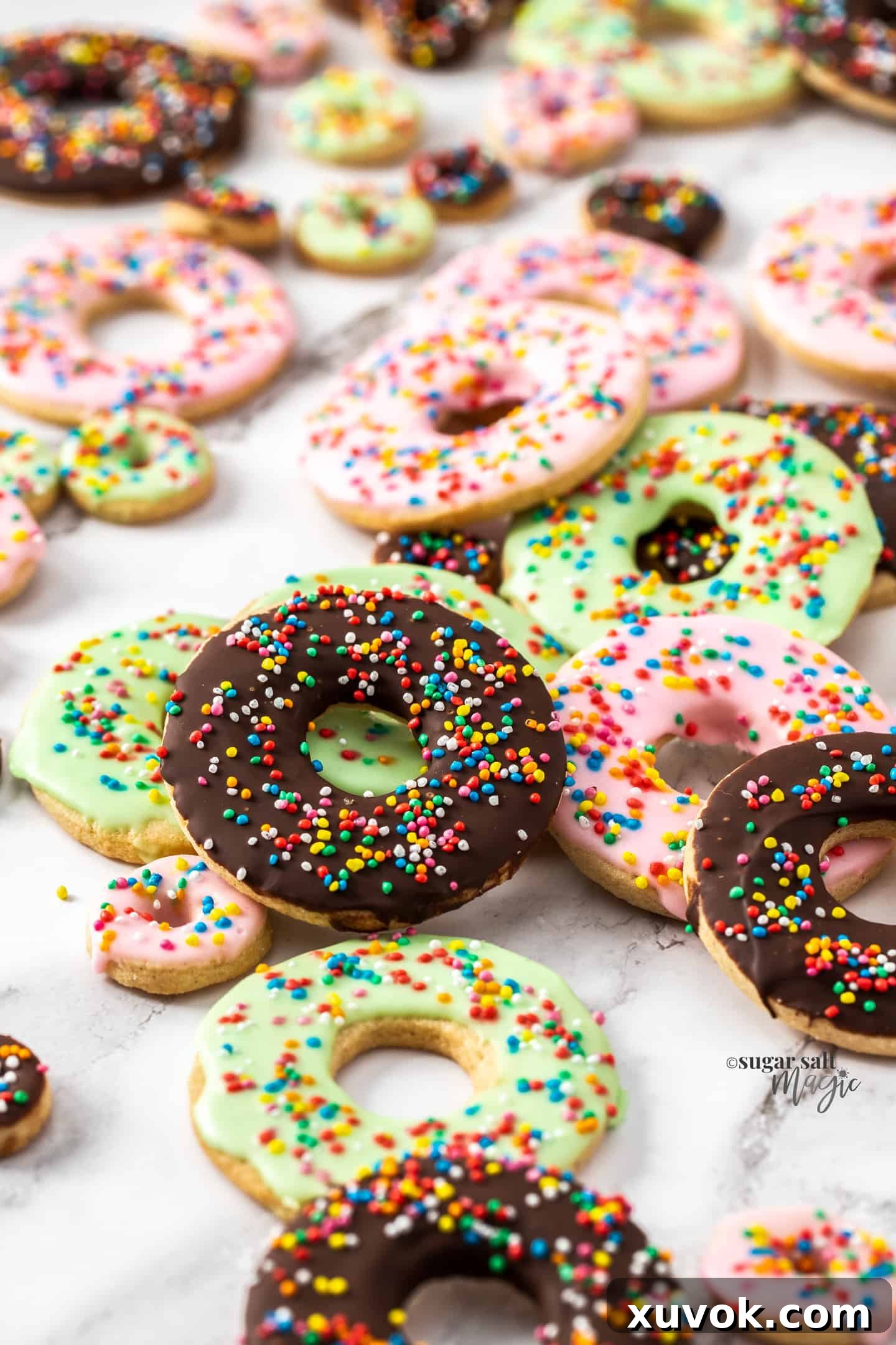 A batch of cinnamon donut sugar cookies on a marble surface, with one chocolate-coated cookie stacked on top, adorned with colorful sprinkles.