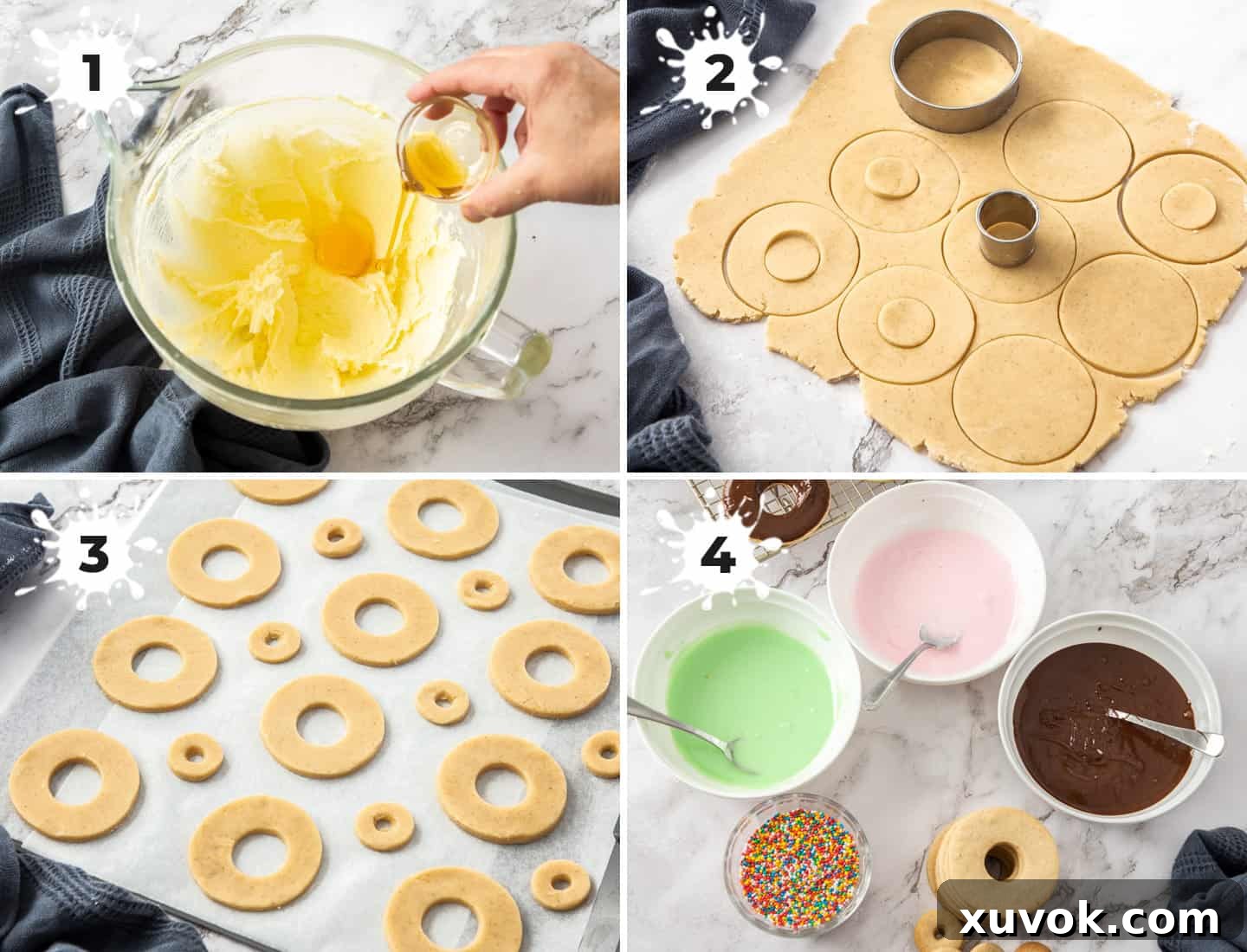 A visual guide showing four sequential steps to make donut cookies, from dough preparation to decorating.