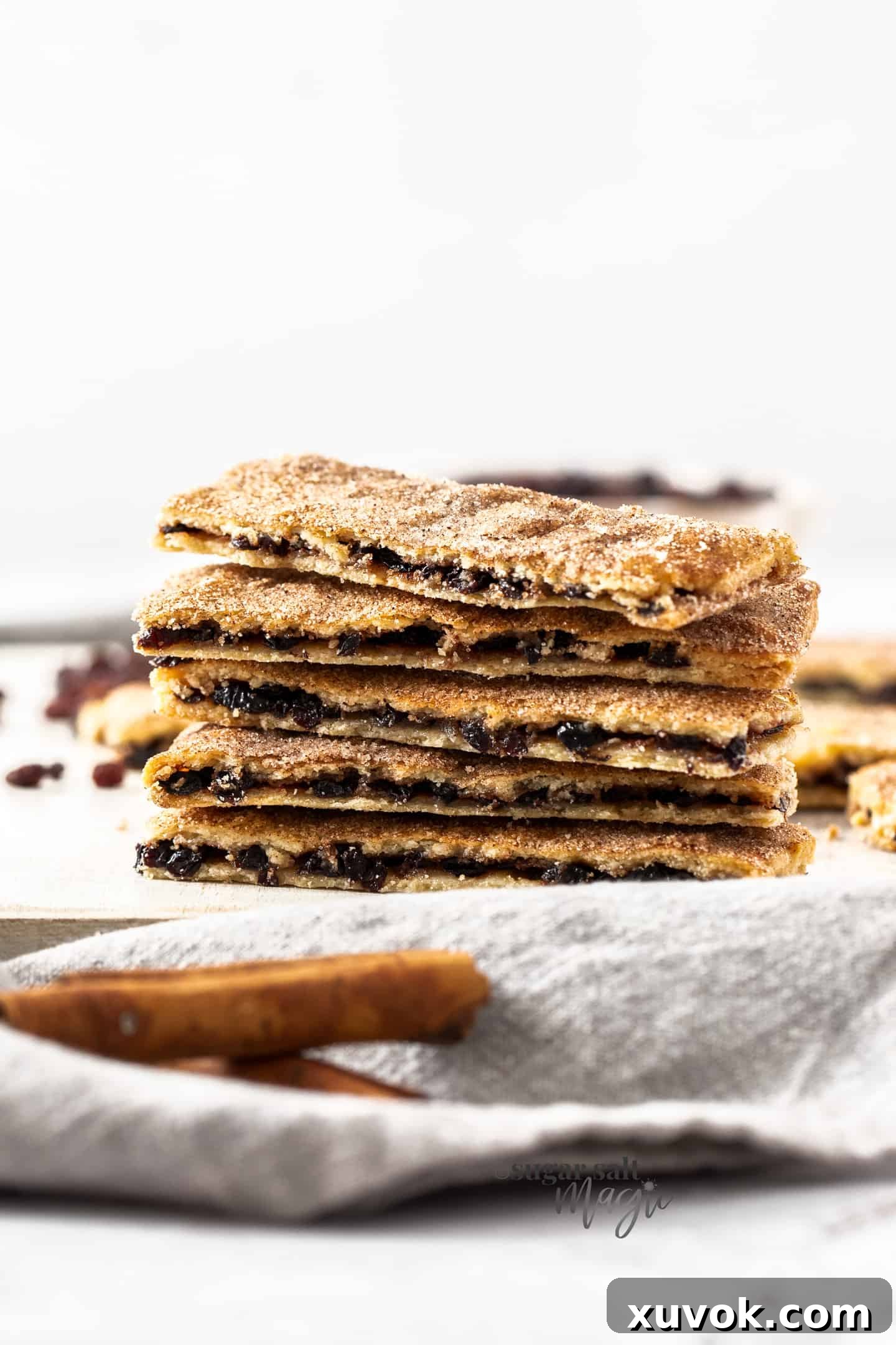 A stack of 5 rectangular Garibaldi biscuits, showcasing the layers of buttery pastry and rich currant filling. These classic British tea-time treats are easy to make at home.