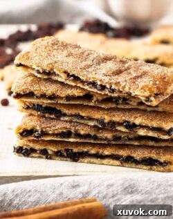 Closeup of a stack of 5 rectangular Garibaldi biscuits, showcasing their golden layers and rich currant filling, with a cinnamon stick in the foreground.