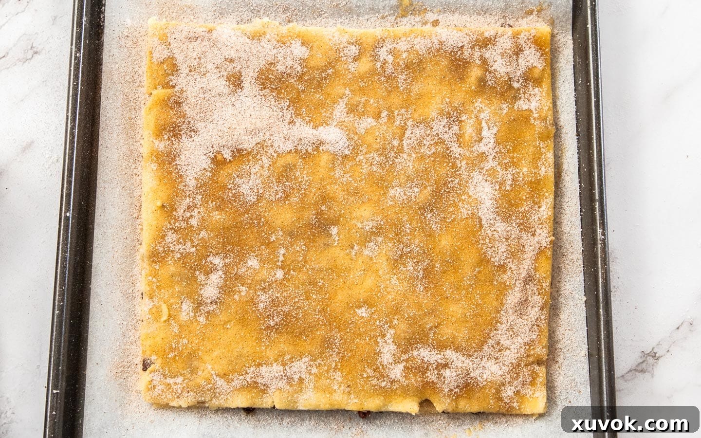The assembled Garibaldi biscuit dough, brushed with egg wash and evenly dusted with aromatic cinnamon sugar, poised for baking to a golden perfection.