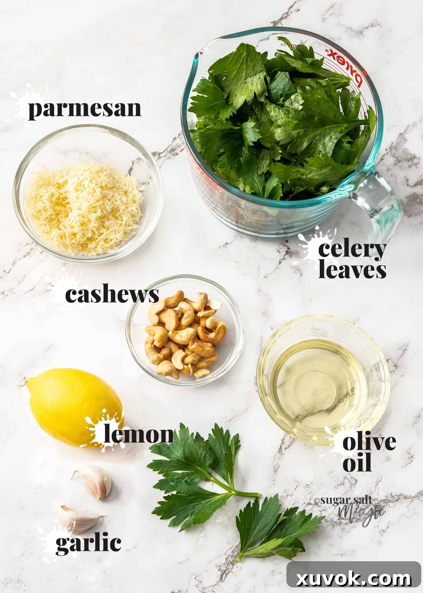 A selection of ingredients for celery leaf pesto, including fresh celery leaves, cashews, Parmesan cheese, garlic, lemon, and a bottle of olive oil, neatly arranged on a white marble surface.