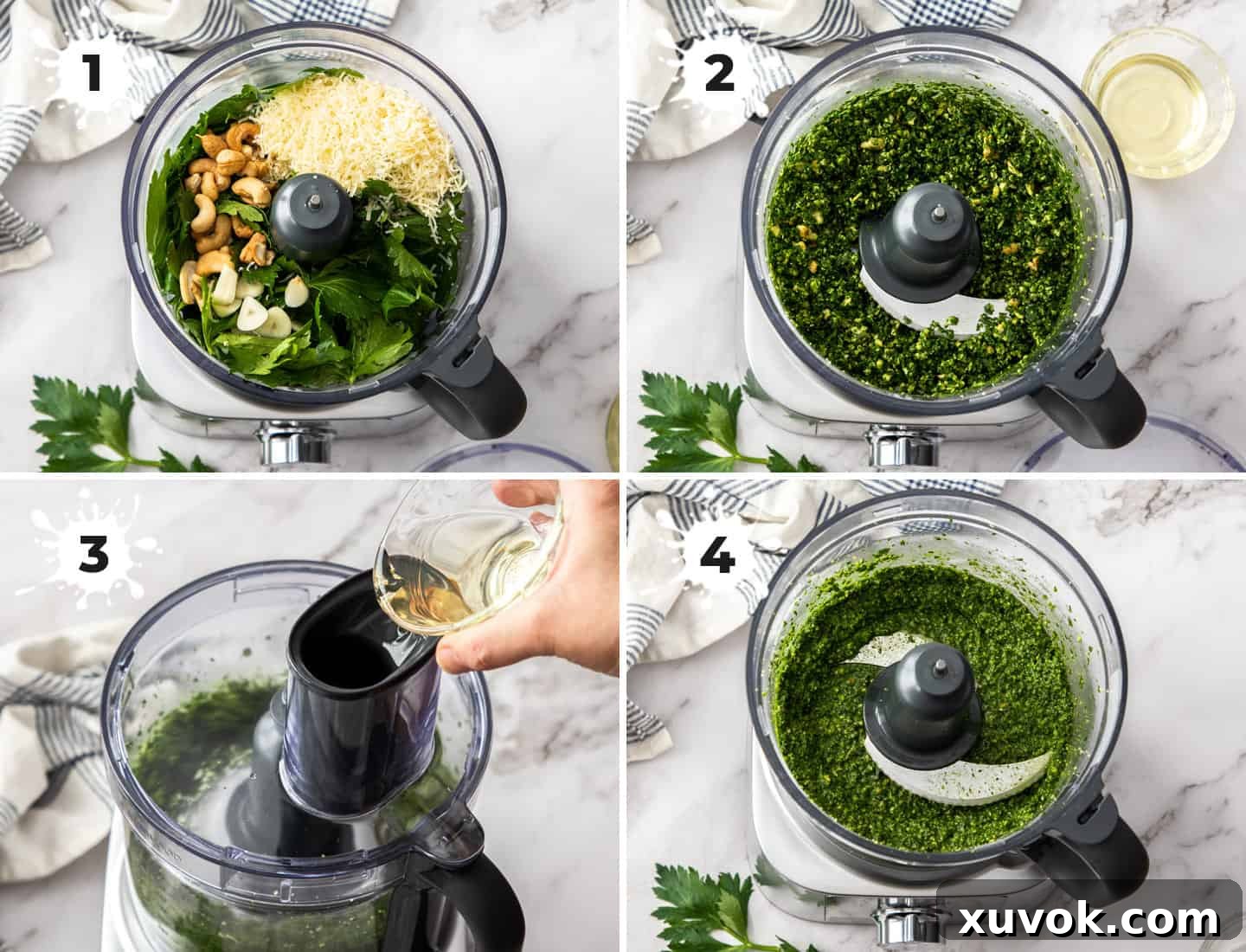 A collage of four sequential images showing the steps to make celery leaf pesto in a food processor, from combining ingredients to the final blended product.