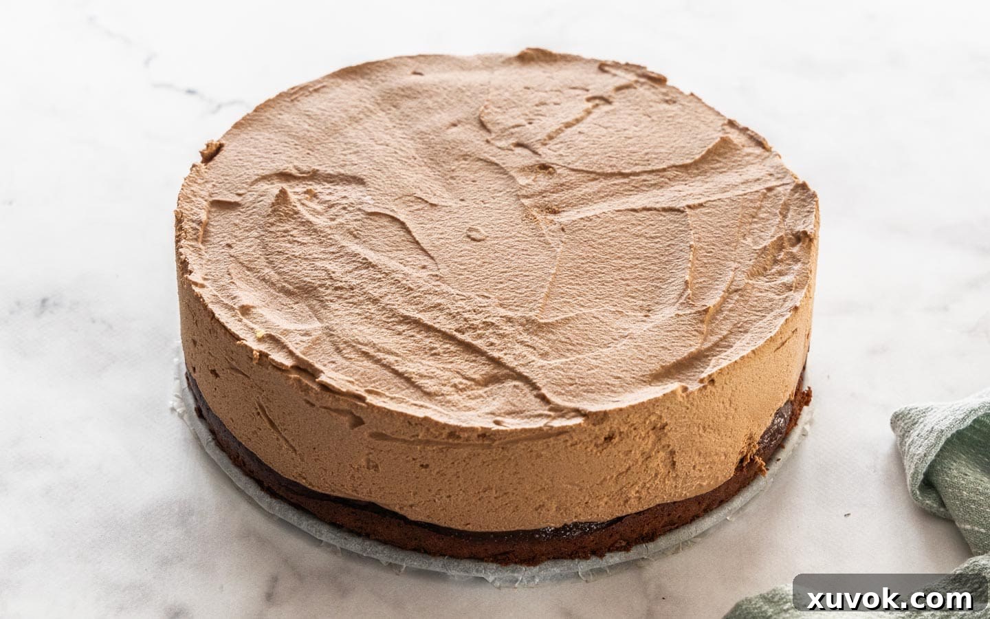 The chocolate mousse cake after the pan has been removed.