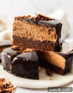 A slice of chocolate mousse cake on a cake slice.