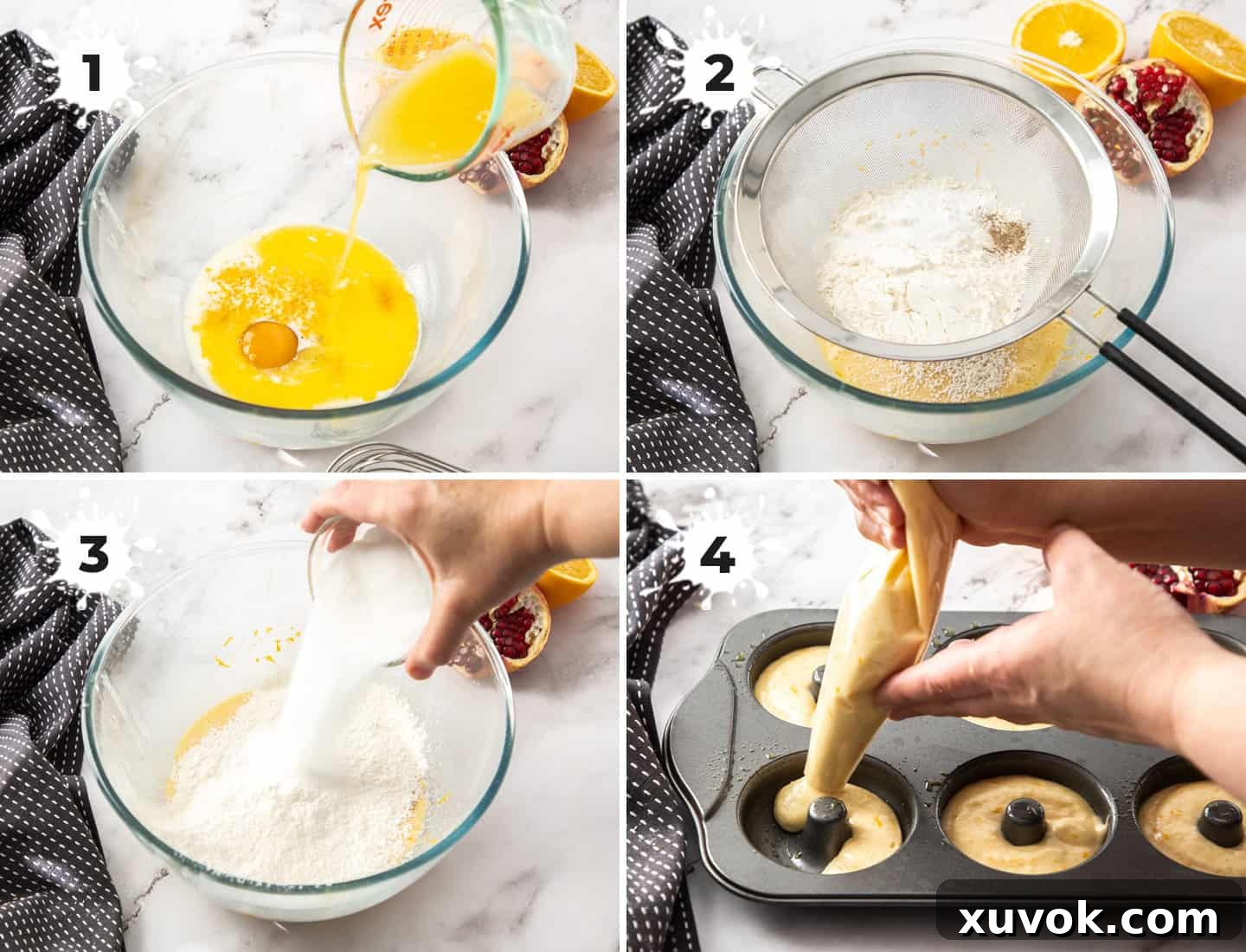 A four-panel collage illustrating the step-by-step process of mixing orange donut batter. Images show wet ingredients being whisked, dry ingredients sifted in, sugar added, and finally, the batter being piped into a donut pan.