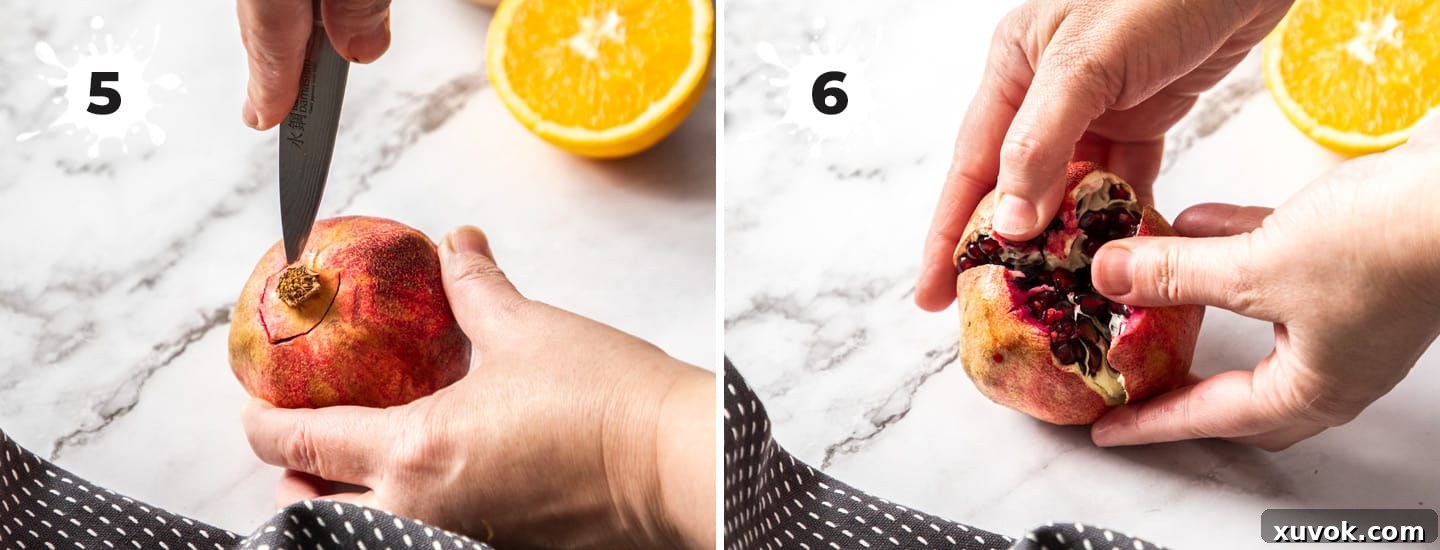 Two sequential images demonstrating the correct method to open a pomegranate. The first shows cutting around the flower top, and the second shows gently prying it open with thumbs to reveal the seeds intact.