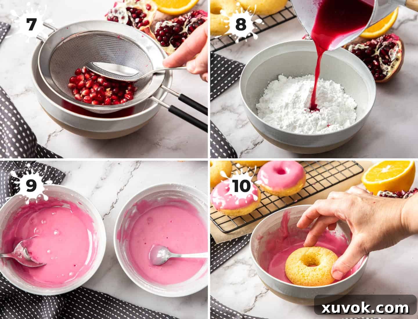 A four-panel collage depicting the preparation of pomegranate icing. Stages shown include crushing seeds for juice, reducing the juice on the stove, pouring reduced juice into icing sugar, and dipping a donut into the finished icing.