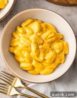 Top down view of a bowl full of pumpkin mac and cheese.