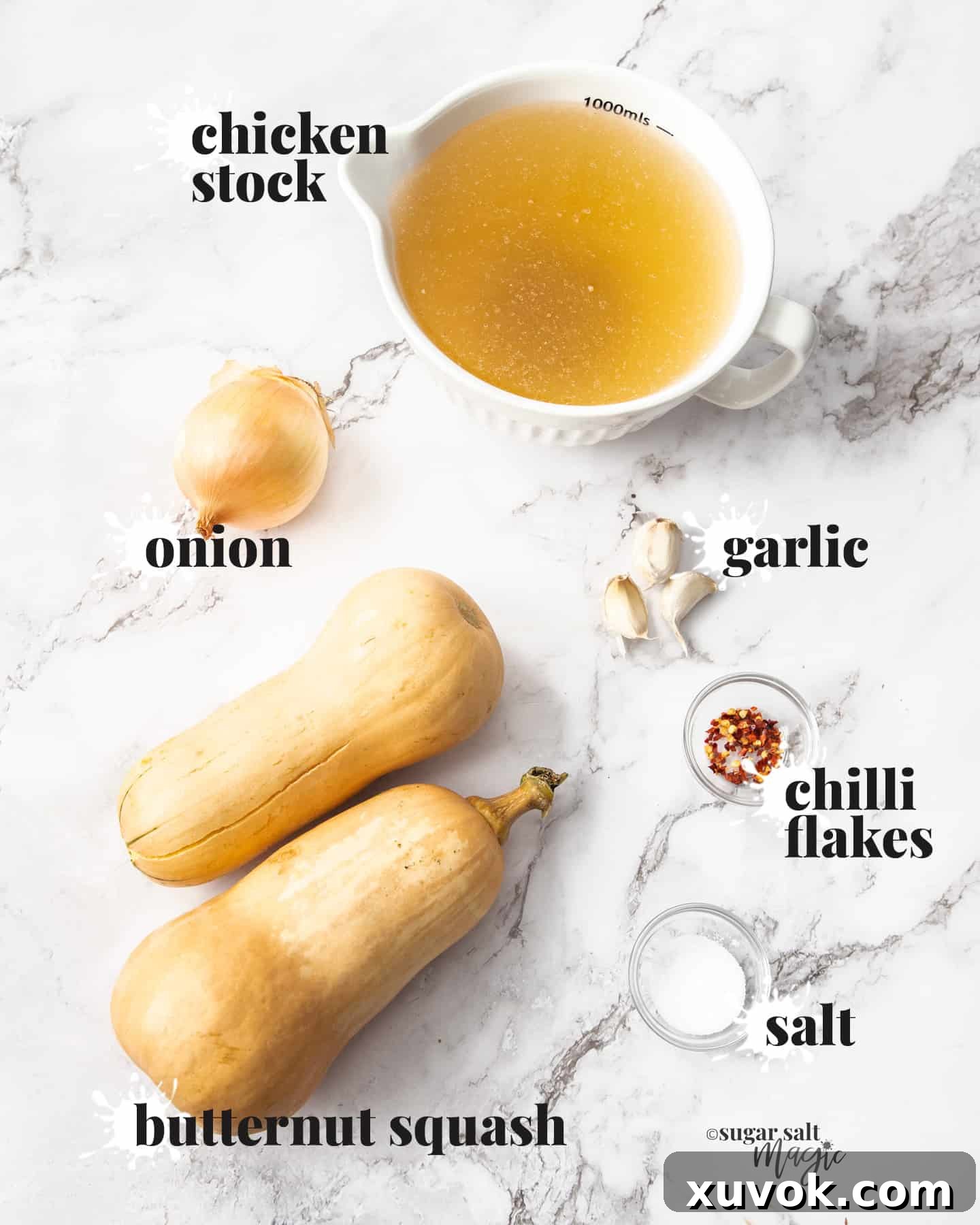 A beautiful flat lay of butternut squash soup ingredients on a marble countertop, including a whole butternut squash, onions, garlic cloves, chicken stock, salt, and chili flakes.
