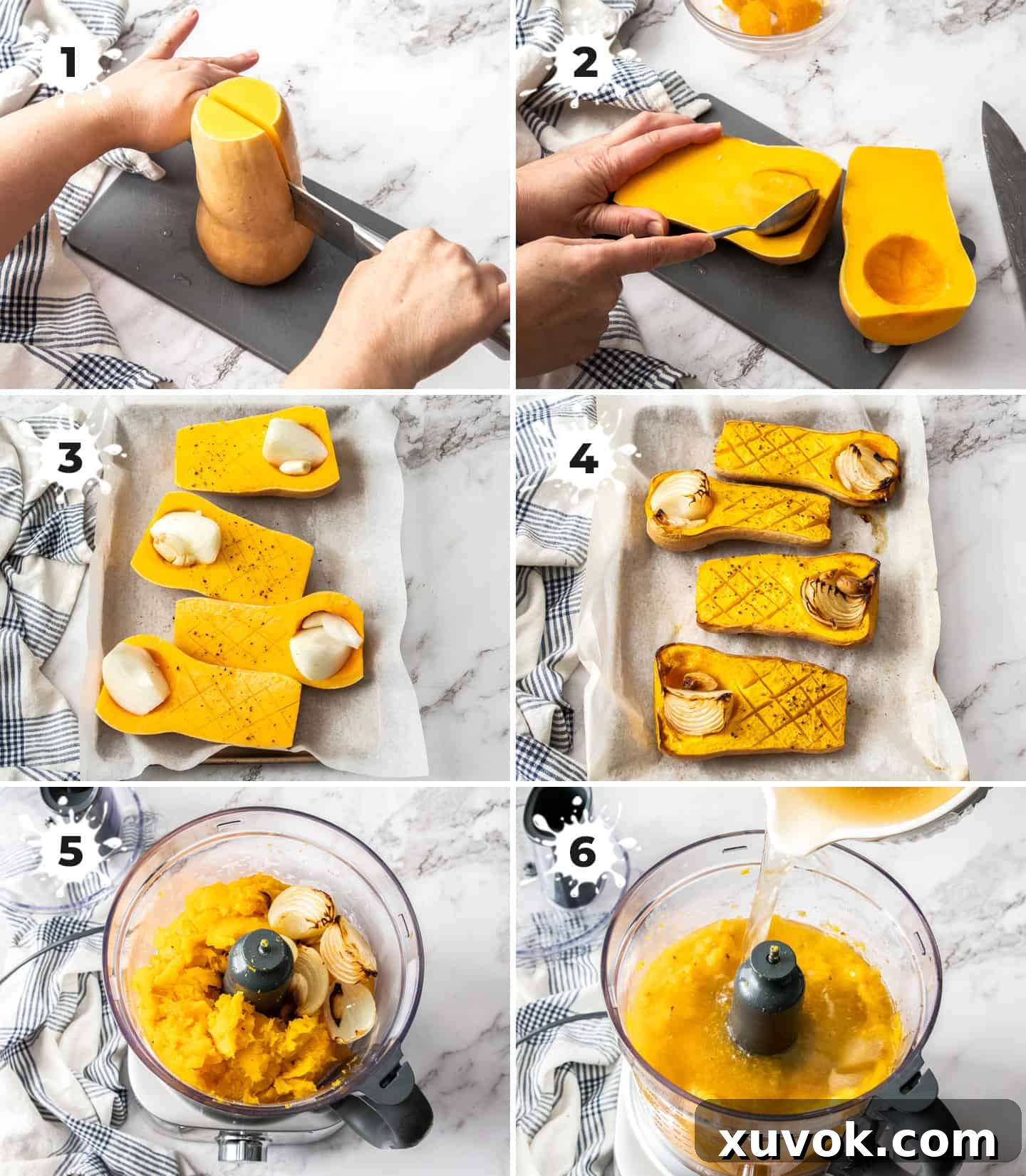 A six-panel photo collage demonstrating the step-by-step process of making butternut squash soup: 1. Butternut squash cut in half. 2. Seeds being scooped out. 3. Onion and garlic placed in squash cavities. 4. Roasted squash halves on a baking sheet. 5. Roasted vegetables in a blender. 6. Blended smooth soup in a pot.
