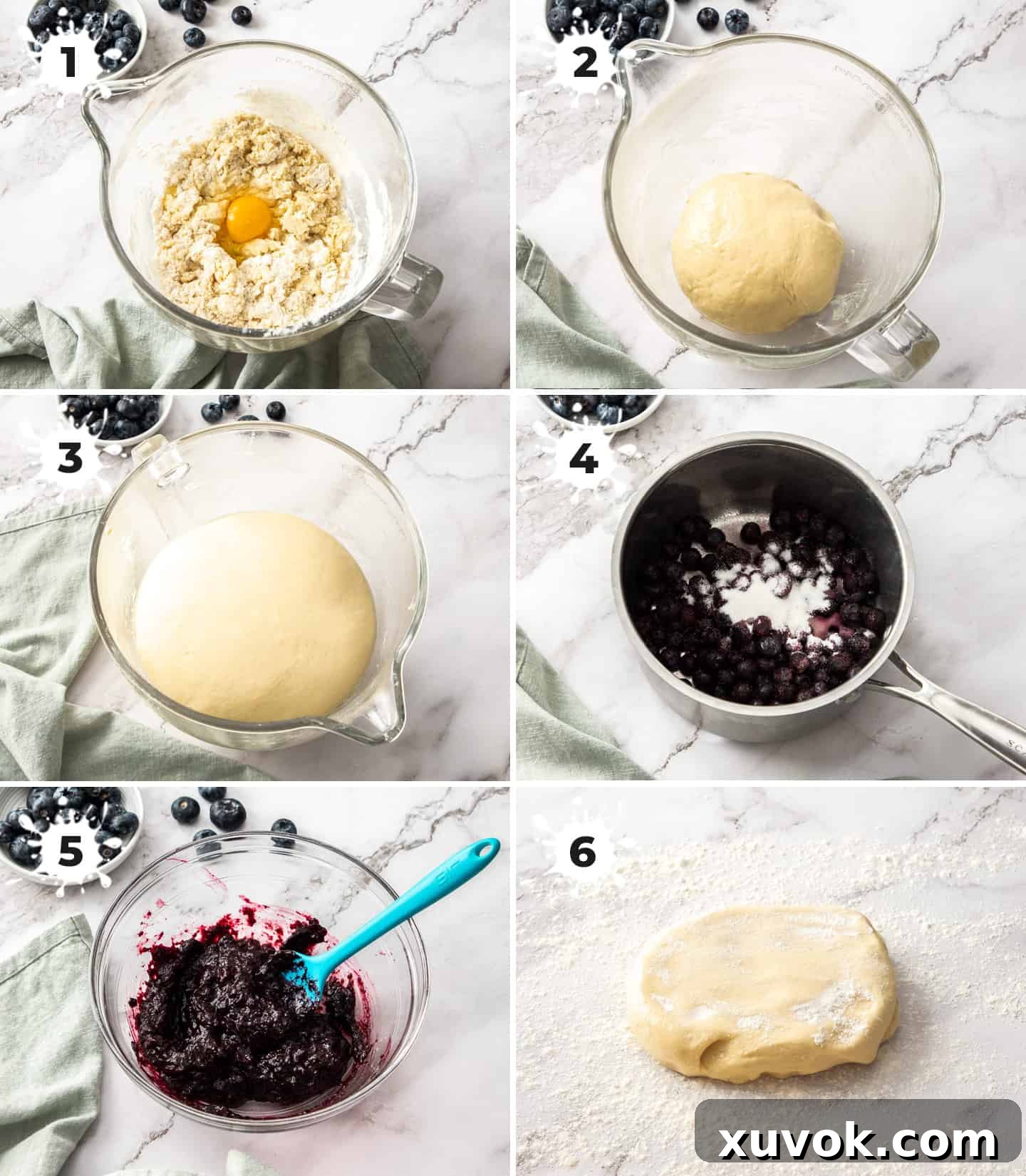 A visual collage illustrating the initial stages of making blueberry cinnamon rolls: melting butter and milk, combining dry ingredients, kneading the dough until smooth, allowing it to rise, and cooking the blueberry jam filling.