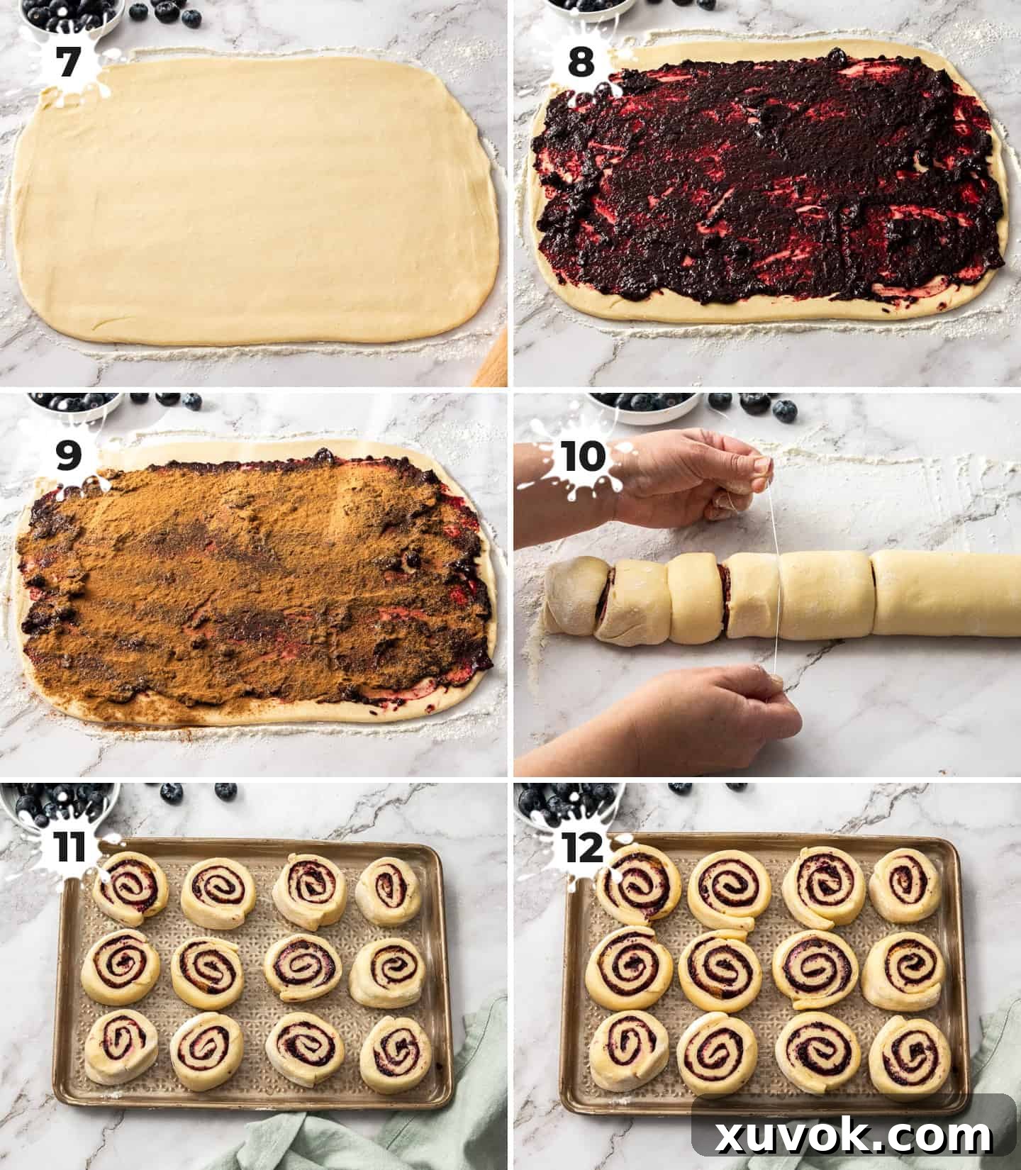 A visual guide showing how to assemble and cut blueberry cinnamon rolls: shaping risen dough, rolling it into a rectangle, spreading jam and cinnamon, rolling it into a log, and finally cutting into uniform slices before the second rise.