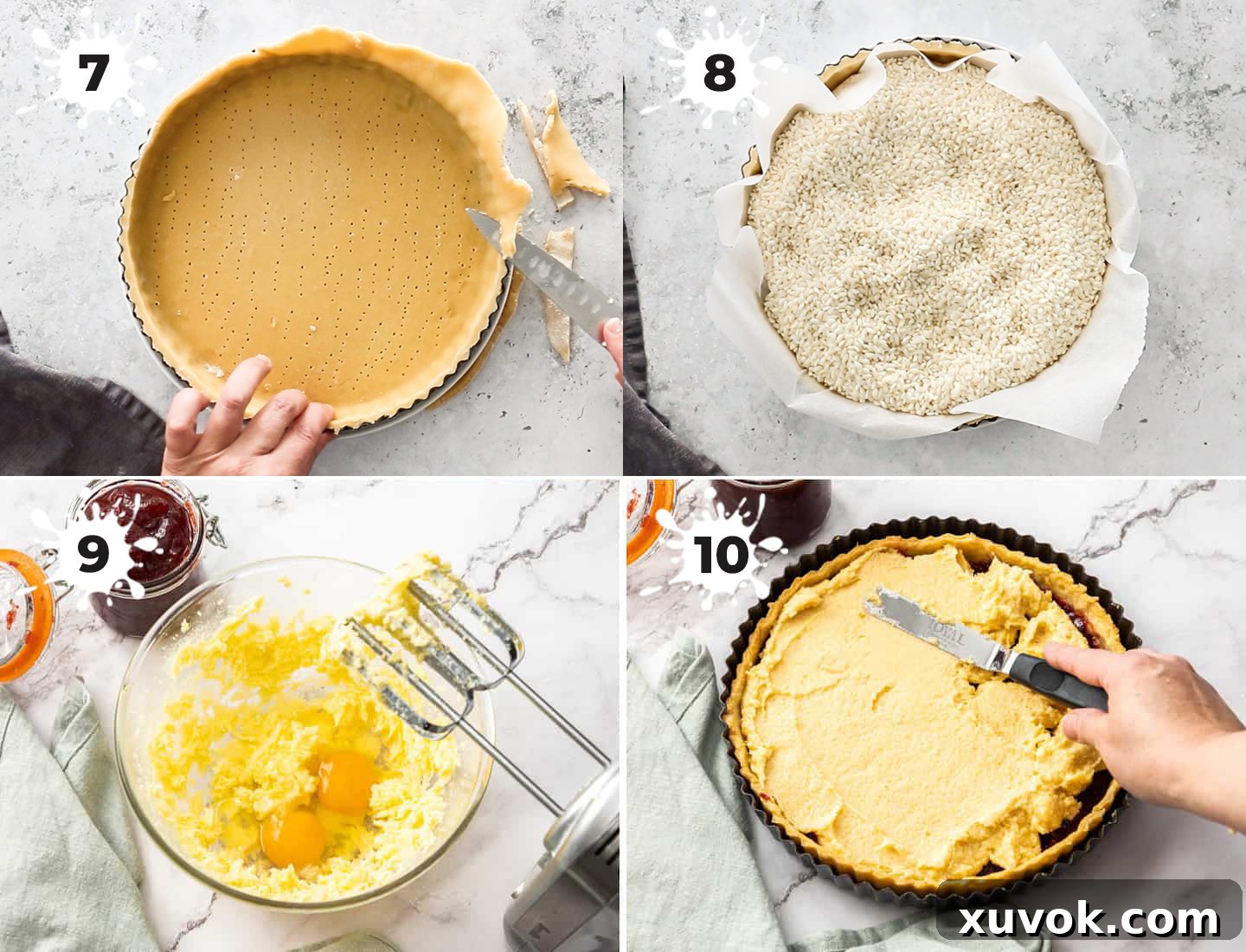 A collage showing how to prep the shell and make the filling.