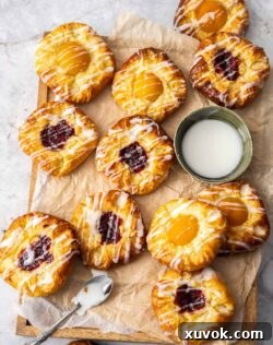 A batch of baked danish pastries on a sheet of brown baking paper.