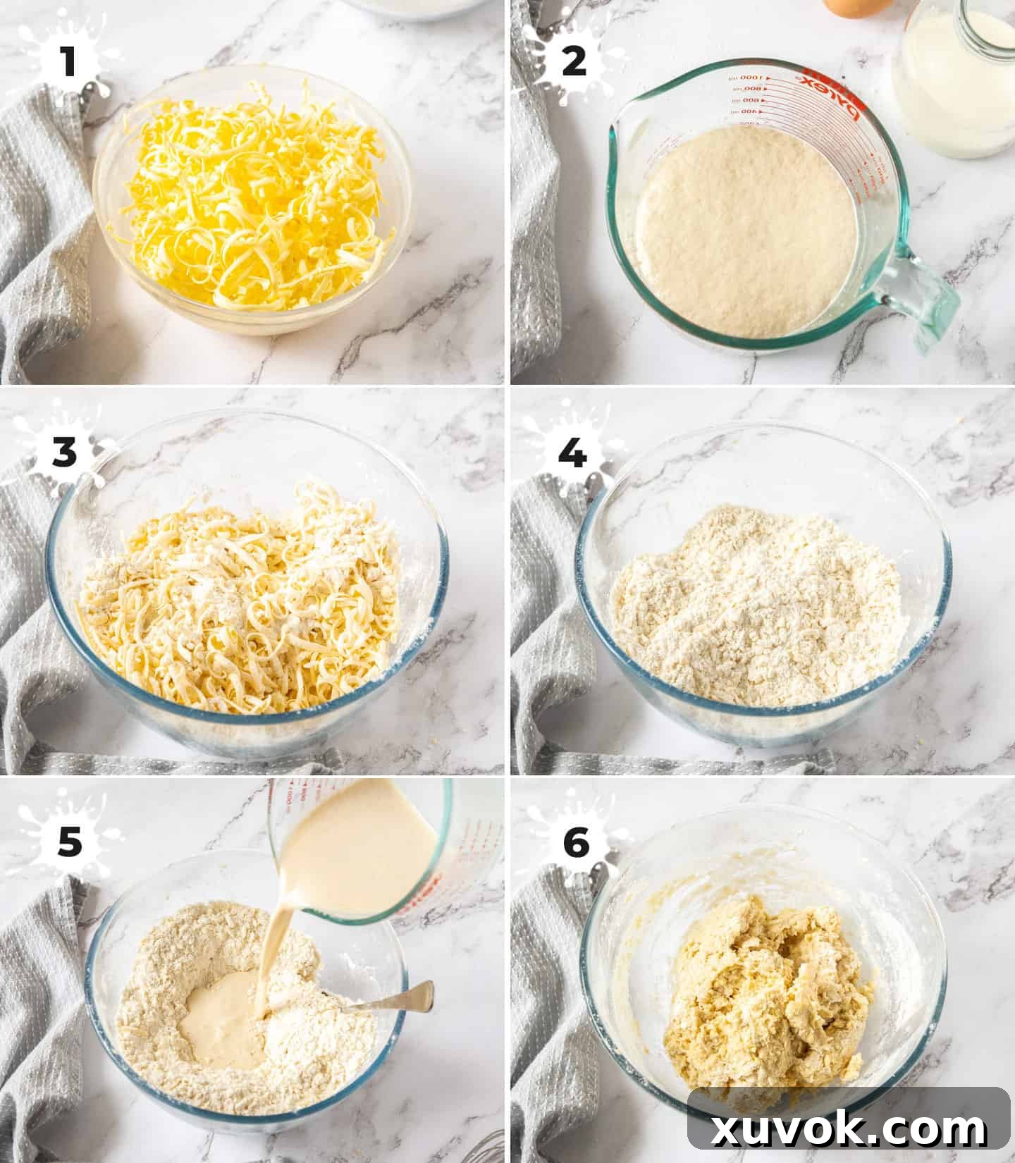 A collage of 6 images showing the initial steps of making Danish pastry dough, from grating butter to mixing ingredients.