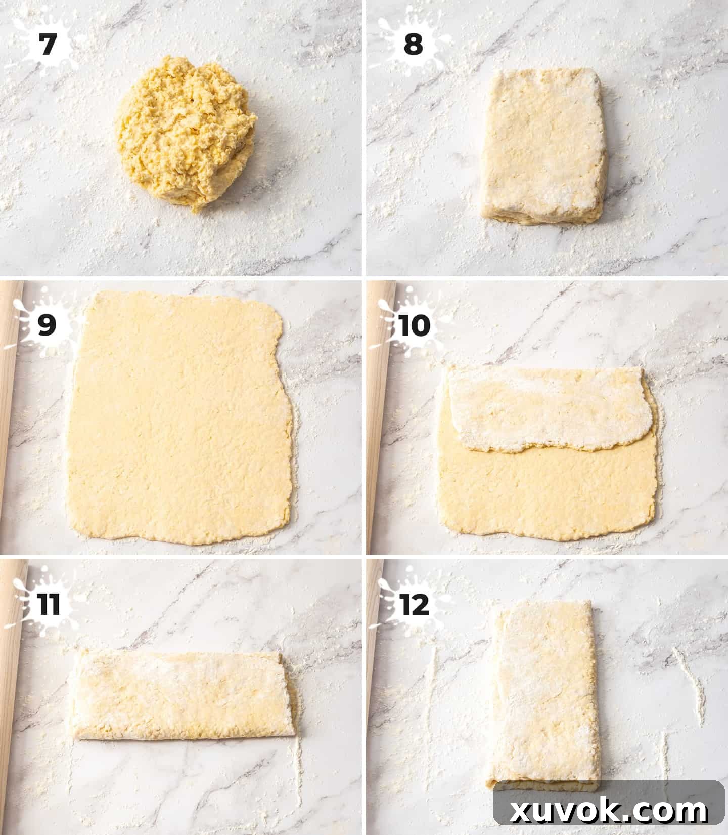 A collage of 6 images illustrating how to roll and fold the Danish pastry dough for lamination.