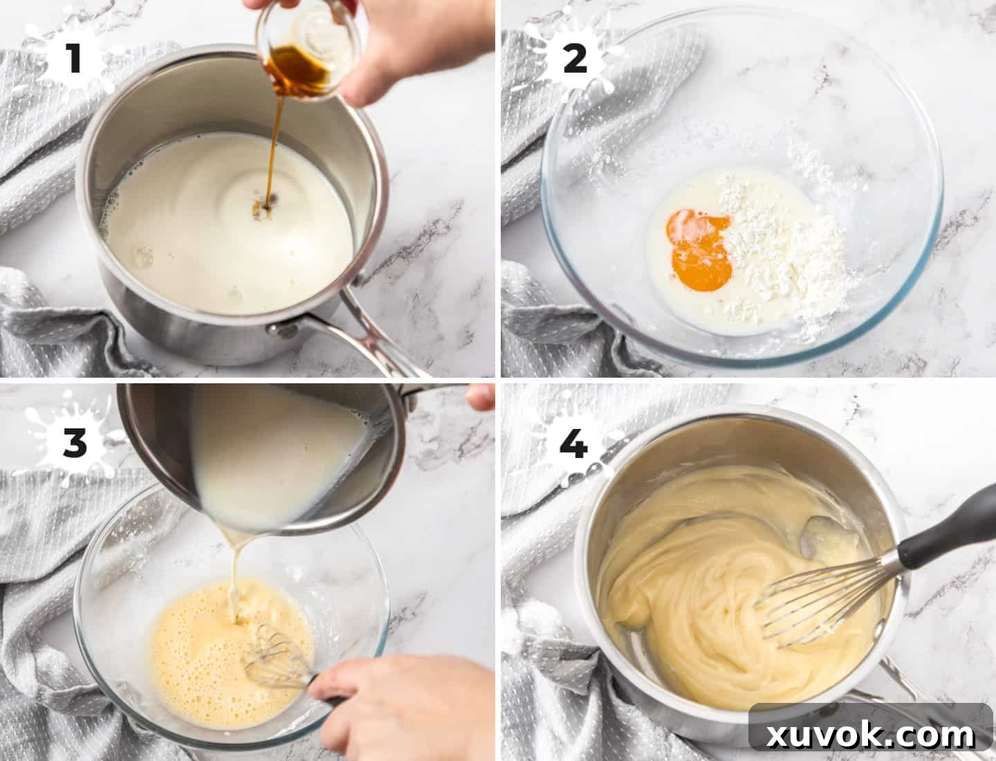 A four-image collage demonstrating the precise steps to prepare the creamy custard filling, from heating milk to whisking in egg yolks and thickening on the stove.