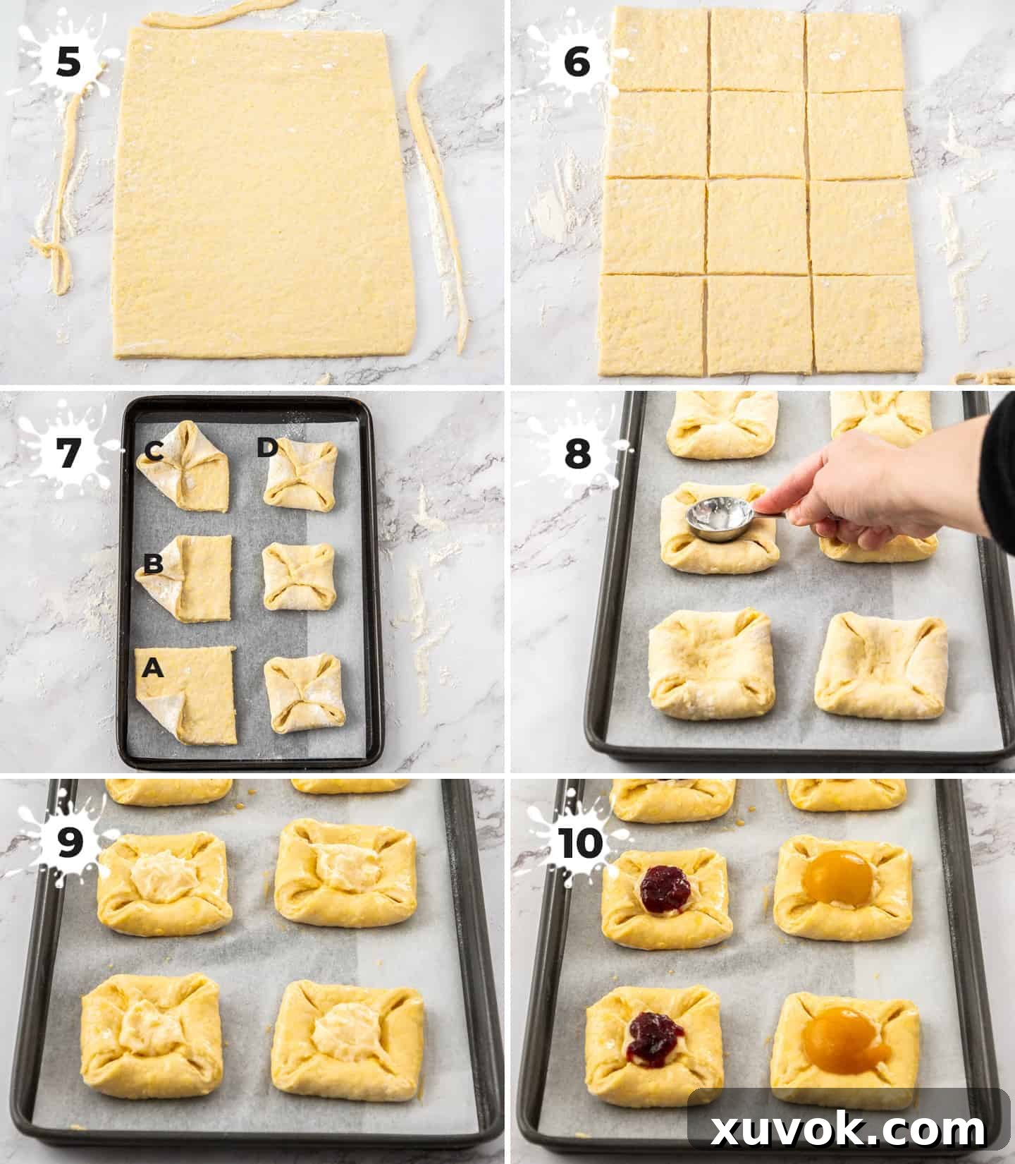 A six-image collage illustrating the assembly of custard danish pastries, from rolling and cutting the dough to filling and preparing for baking.