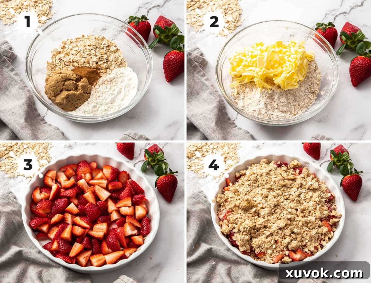 A collage of 4 images demonstrating the stages of making strawberry crisp.