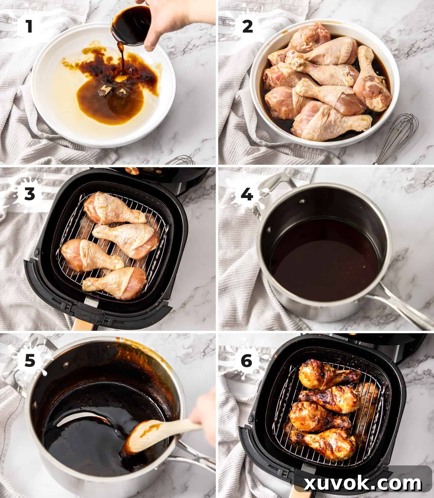 A collage of 6 images showing how to make teriyaki chicken drumsticks.