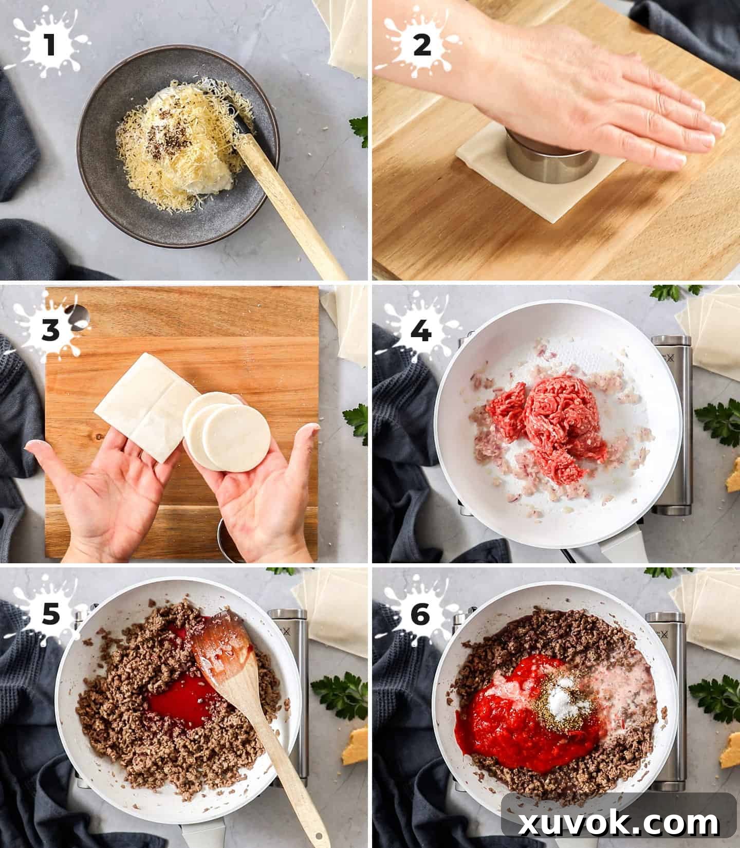 A six-image collage illustrating the preparation of lasagna cupcake layers, from mixing ricotta to browning meat, showing the step-by-step process of creating the individual components before assembly.