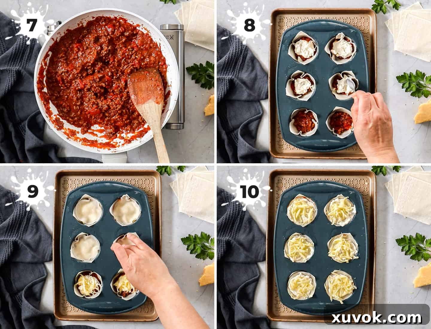A four-image collage showing the assembly process of lasagna cupcakes, from placing the first wonton wrapper to layering the sauce, ricotta, and cheese, topped with a final wrapper, demonstrating the construction of the mini treats.