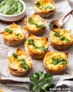 Seven lasagna cupcakes sitting on a baking paper lined tray with a bowl of pesto.