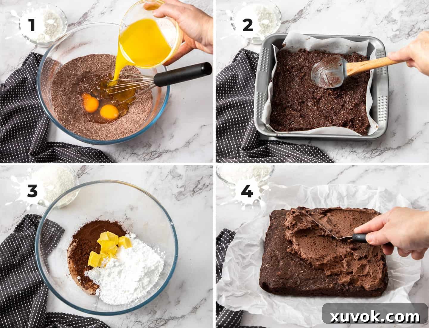 A collage of 4 images demonstrating the baking process of chocolate fudge slice, from mixing the batter to frosting the cooled slice.