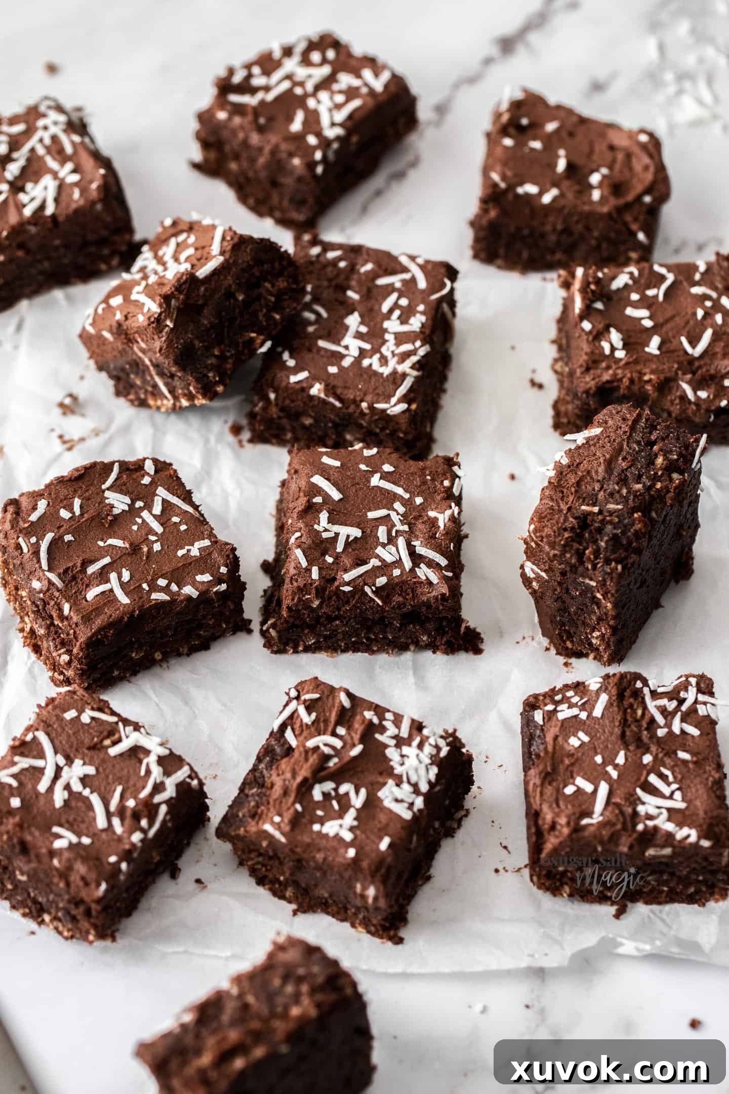 13 pieces of chocolate fudge slice topped with coconut on a sheet of baking paper, cut perfectly for serving.