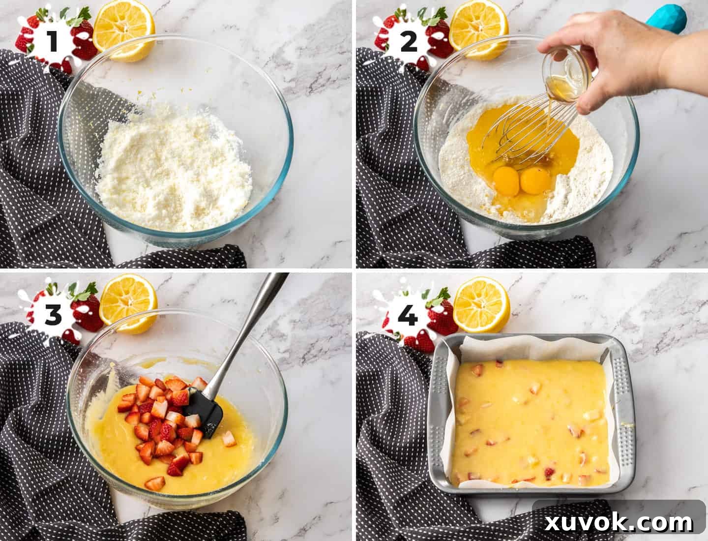 A collage of four images demonstrating the process of mixing blondie batter: 1) combining lemon zest and sugar, 2) adding wet ingredients to dry, 3) folding in strawberries, and 4) pouring batter into a prepared tin.
