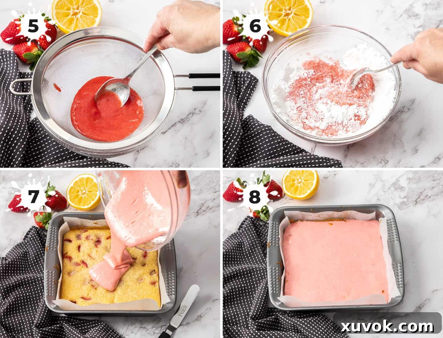 A collage of four images illustrating the process of making and applying strawberry icing: 5) pureeing strawberries, 6) mixing puree with icing sugar, 7) pouring icing over cooled blondies, and 8) spreading the icing evenly.