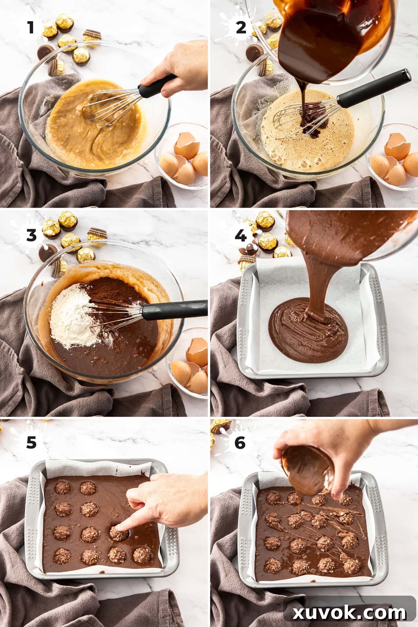 A collage of 6 images depicting the step-by-step process of making Ferrero Rocher brownies, from mixing ingredients to placing chocolates.