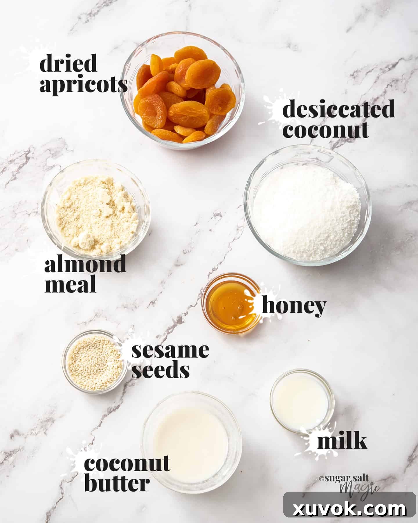 Ingredients for apricot bliss balls laid out on a marble benchtop, ready for preparation.