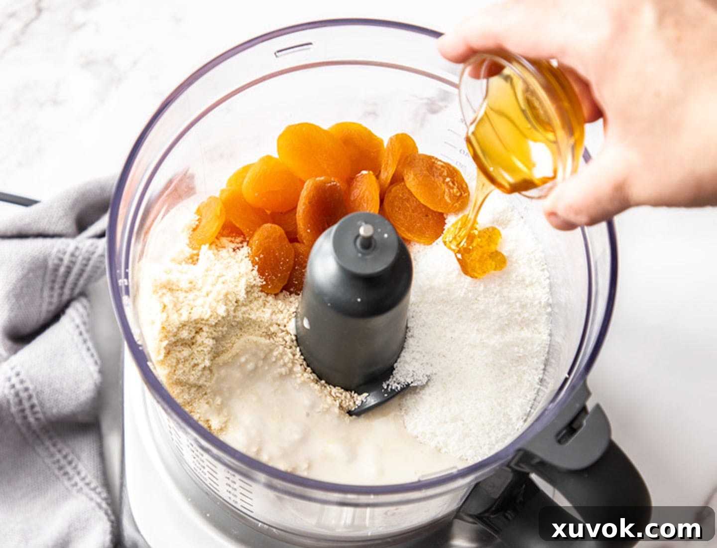 All ingredients for apricot bliss balls, except milk, in a food processor, ready for blending.