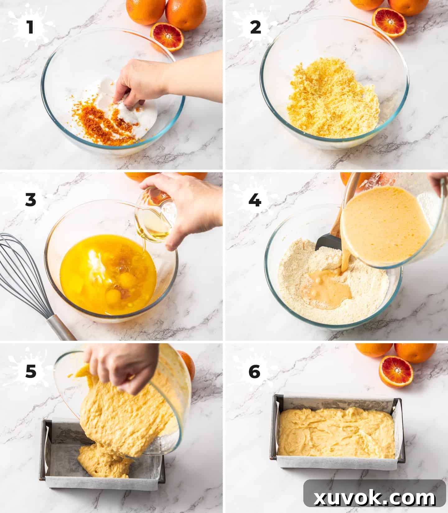 A collage of 6 images showing how to make the orange loaf cake.