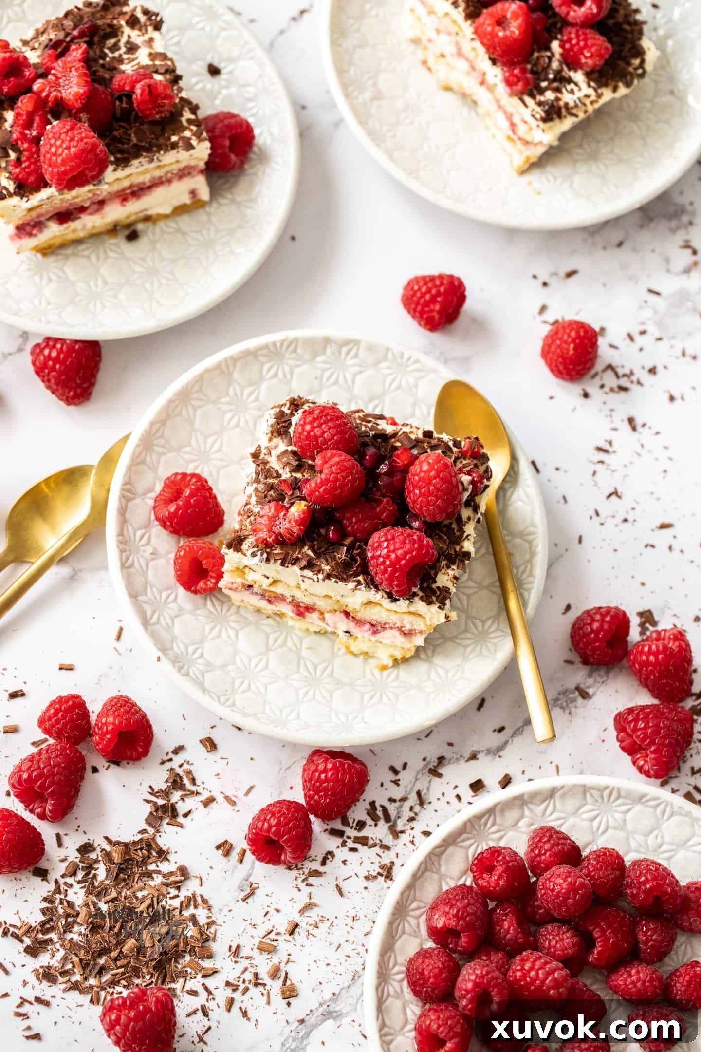 A top-down view of four individual small plates, each holding a perfectly portioned serving of raspberry tiramisu, surrounded by fresh, scattered raspberries.