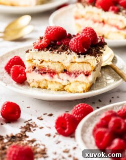 Closeup of a slice of raspberry tiramisu on a white dessert plate, revealing its distinct layers.