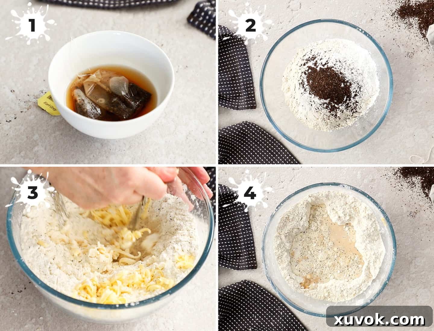 A four-panel collage illustrating the initial steps of making scone dough: steeping tea, combining dry ingredients, cutting in cold butter, and mixing in liquids to form a shaggy dough.