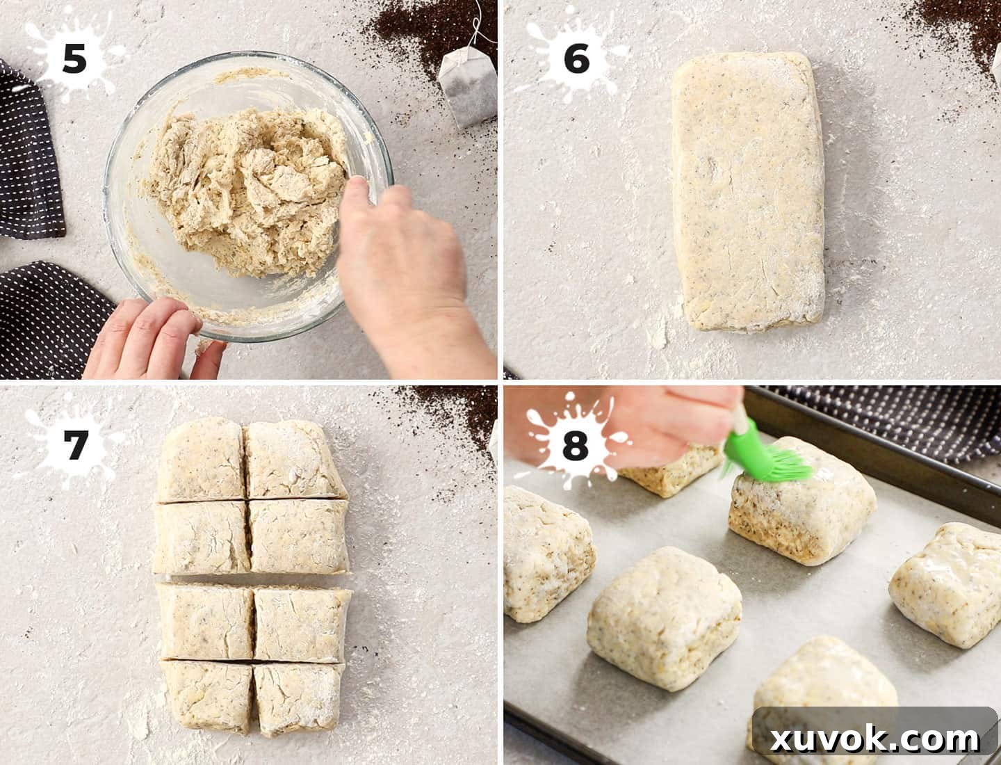 A four-panel collage demonstrating how to shape and prepare scone dough for baking: turning dough onto a floured surface, shaping it into a rectangle, cutting it into squares, and brushing with milk before baking.