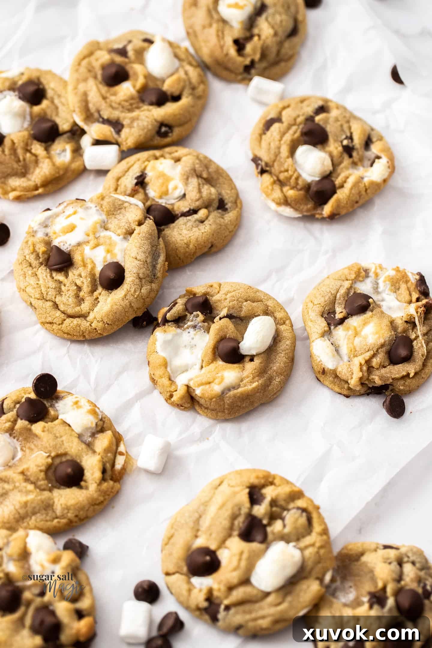 A batch of chocolate chip marshmallow cookies on a sheet of baking paper, showcasing their golden-brown edges and melted centers.