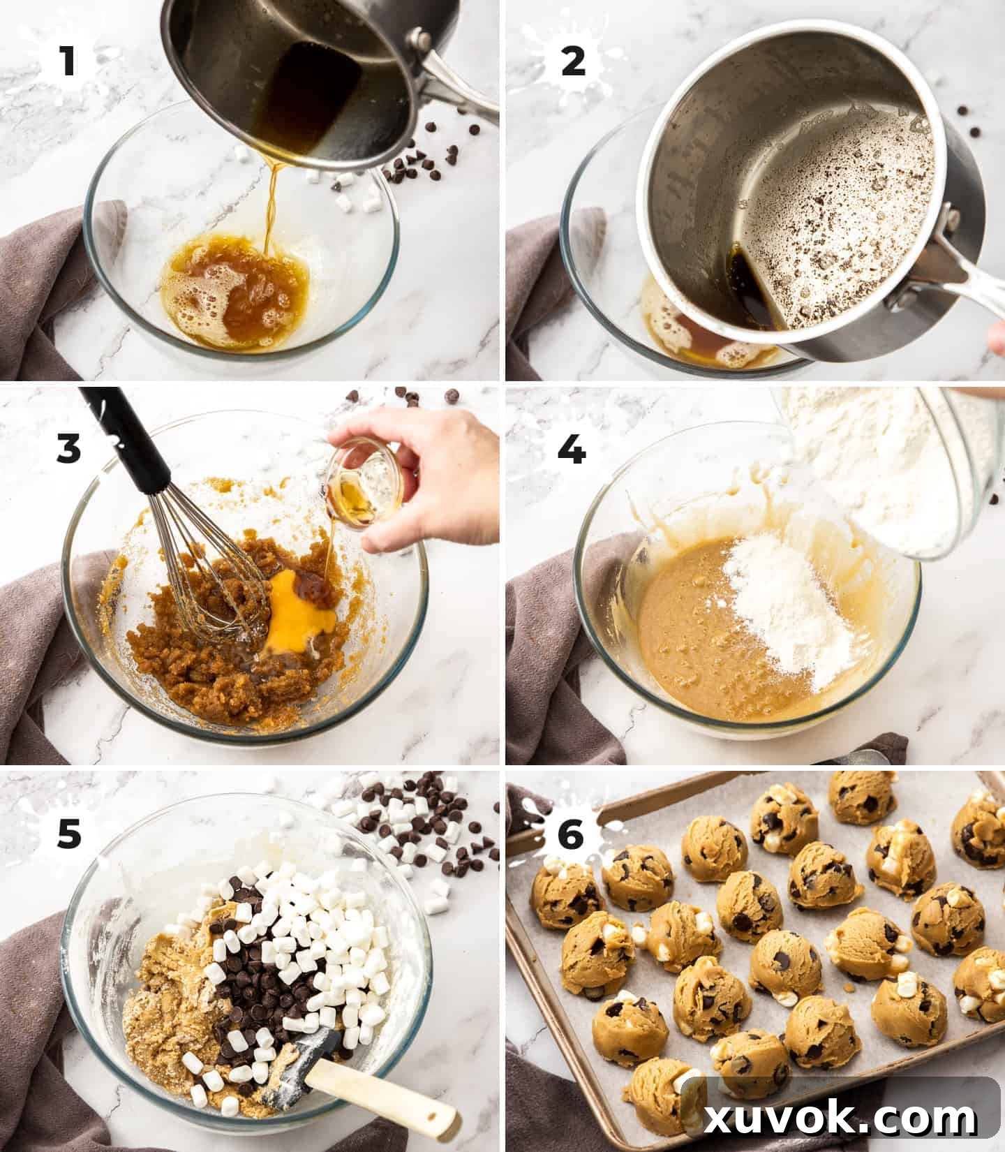 A collage of 6 images showing the step-by-step process of making marshmallow chocolate chip cookies.