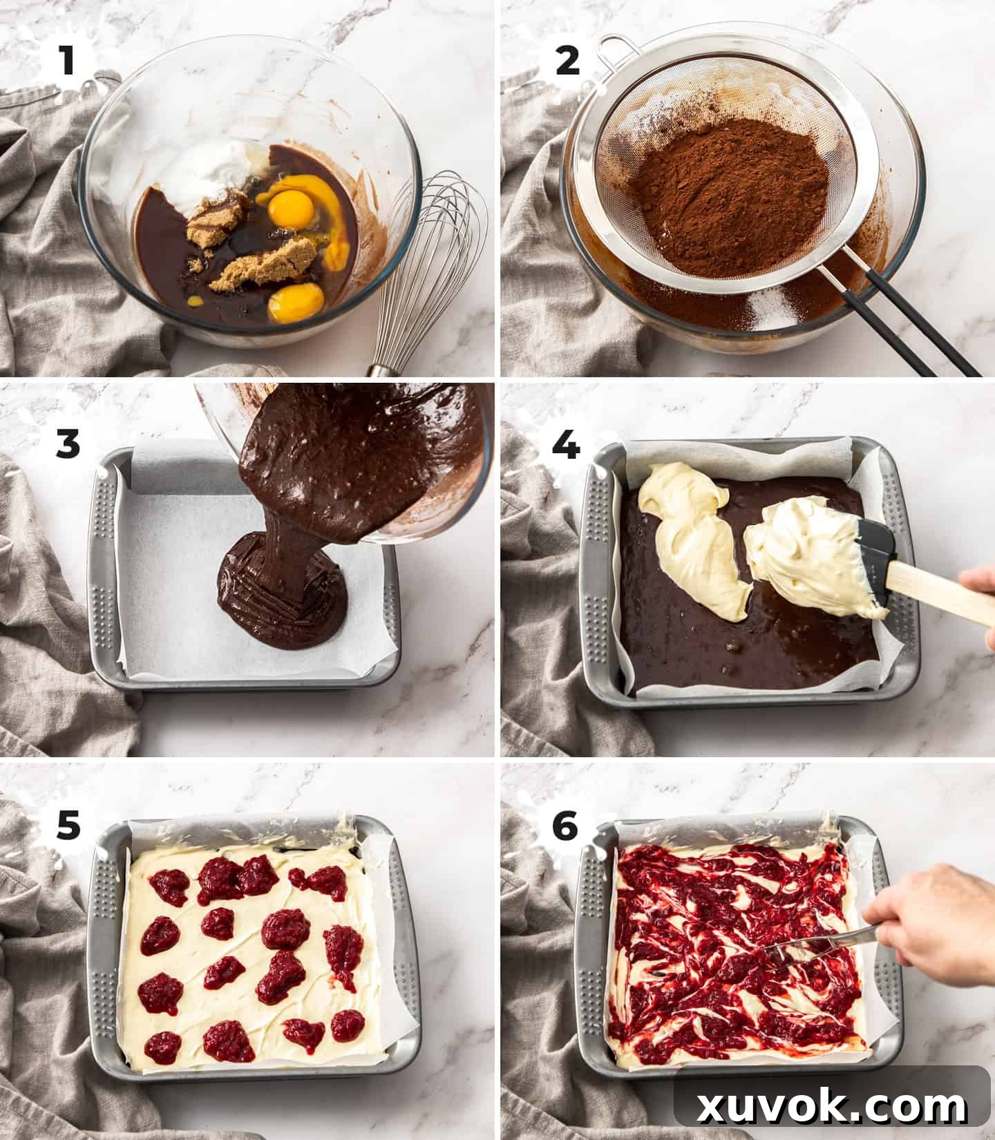 A visual collage displaying 6 key steps in the preparation of raspberry cheesecake brownies, guiding the baker through the process.