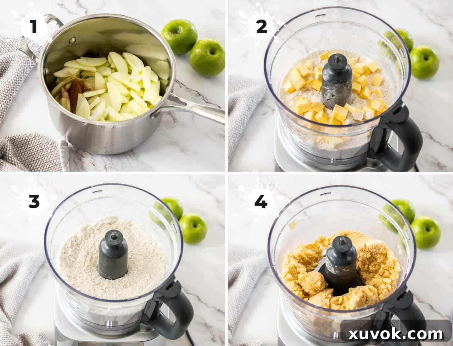 A four-panel collage illustrating the preparation of the apple filling and the shortbread dough, from raw ingredients to formed dough and cooked apples.