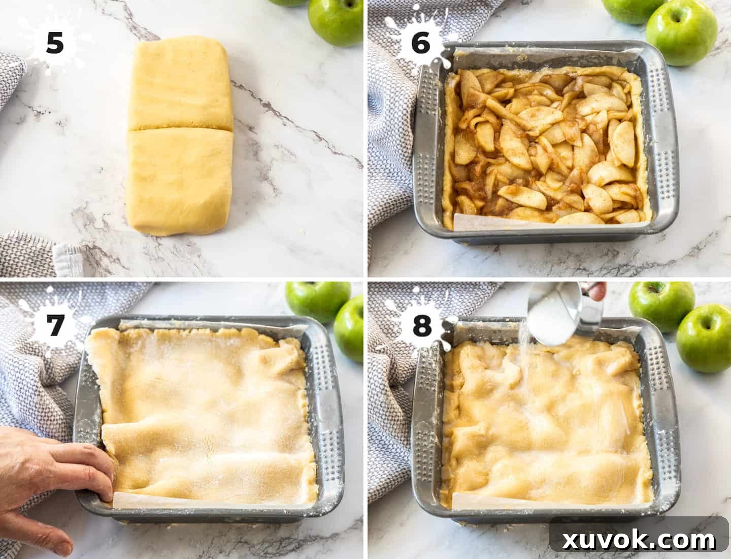 A four-panel collage showing the step-by-step assembly of the apple shortcake, including rolling out the base, adding the filling, placing the top crust, and sprinkling with sugar.