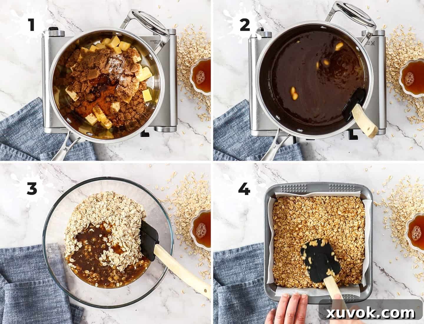 A visual guide showing the key steps to making chocolate flapjacks: melting ingredients, mixing with oats, pressing into a tin, and the final baked result.