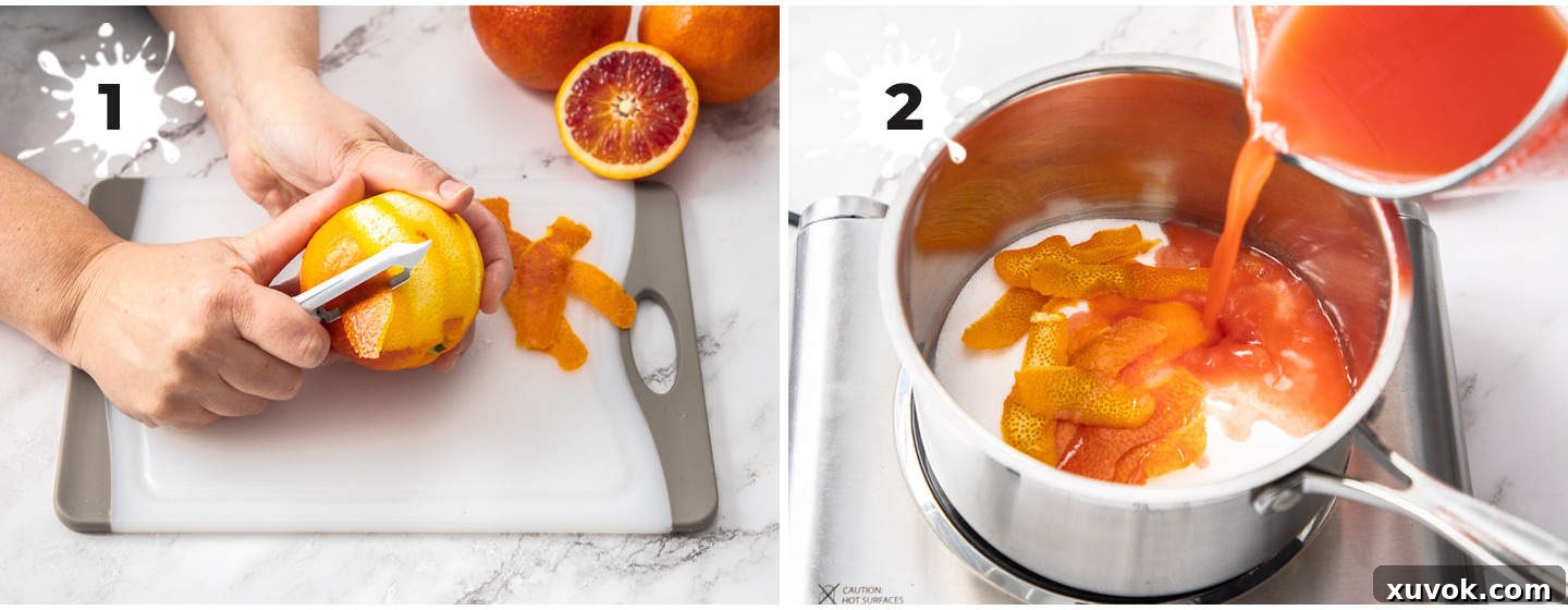 A visual step-by-step guide illustrating the process of making homemade orange simple syrup.