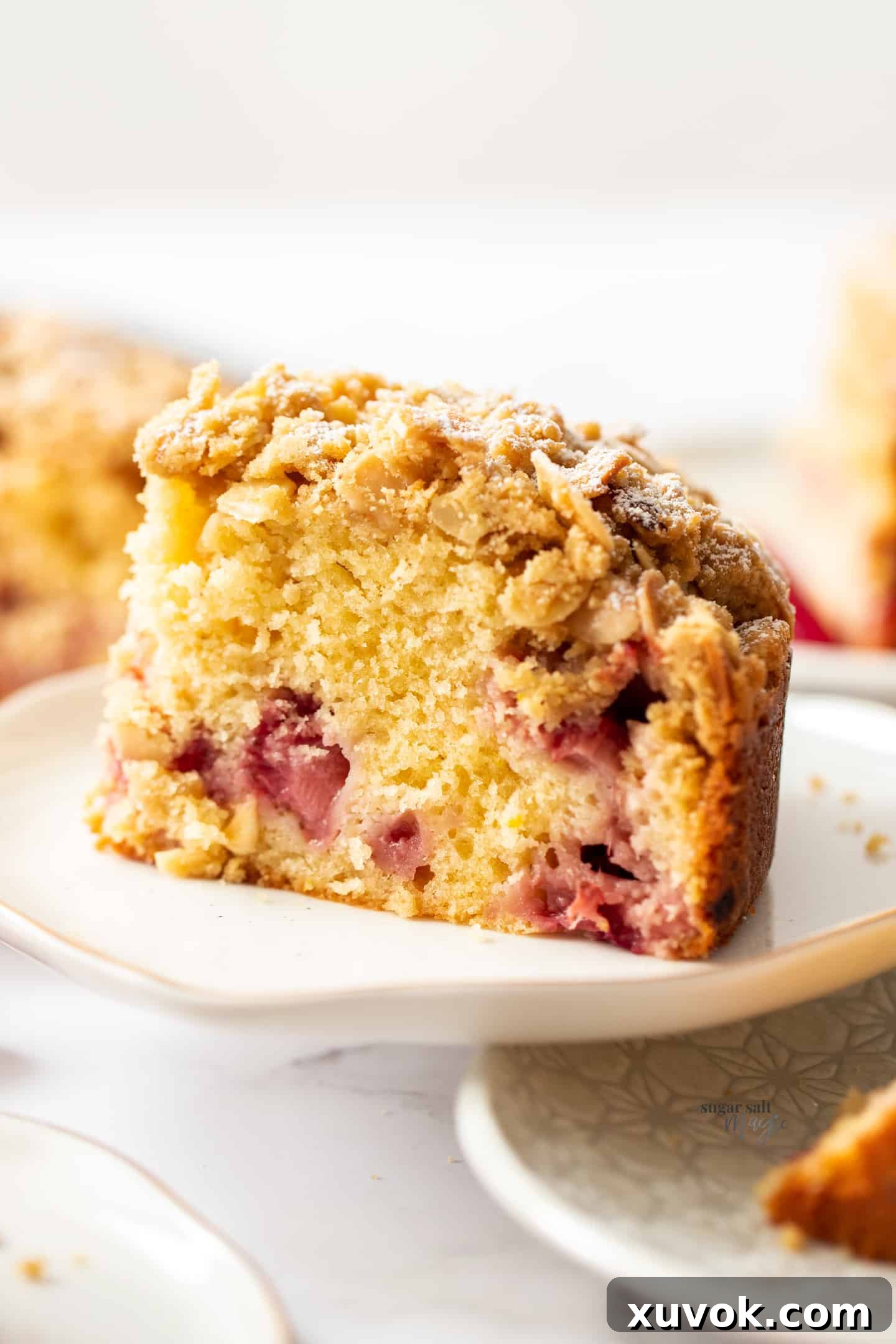 Closeup of a slice of strawberry crumb cake on a white plate, highlighting the moist cake and crunchy crumble.